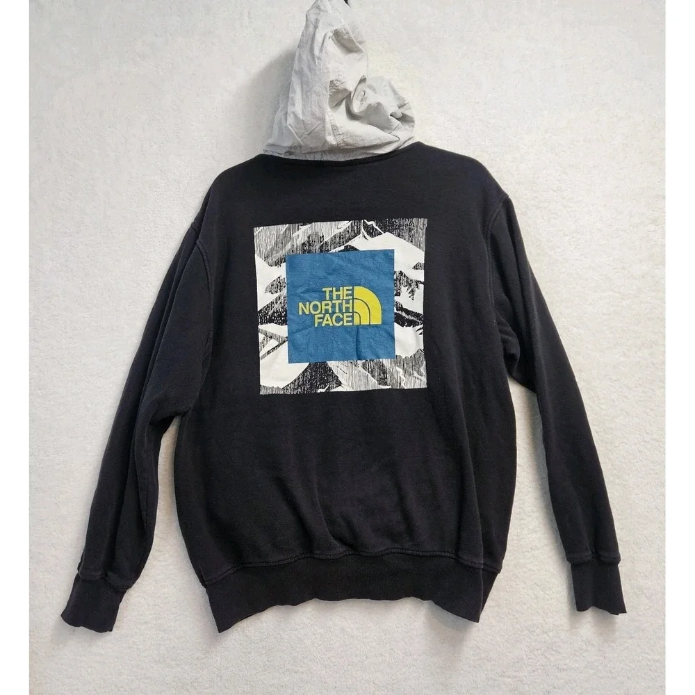 Vtg The North Face Hoodie Mens Med Black Sweatshirt Printed Back Camping Kangaro